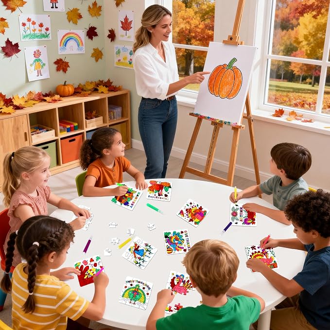 Fall Thanksgiving Crafts for Kids, Autumn Activity Art DIY Kit Blank Puzzle | 24 Set Thanksgiving Jigsaw Pumpkin Turkey for Friendsgiving Party Favors Classroom Gift Coloring Game Toy Supplies Bulk