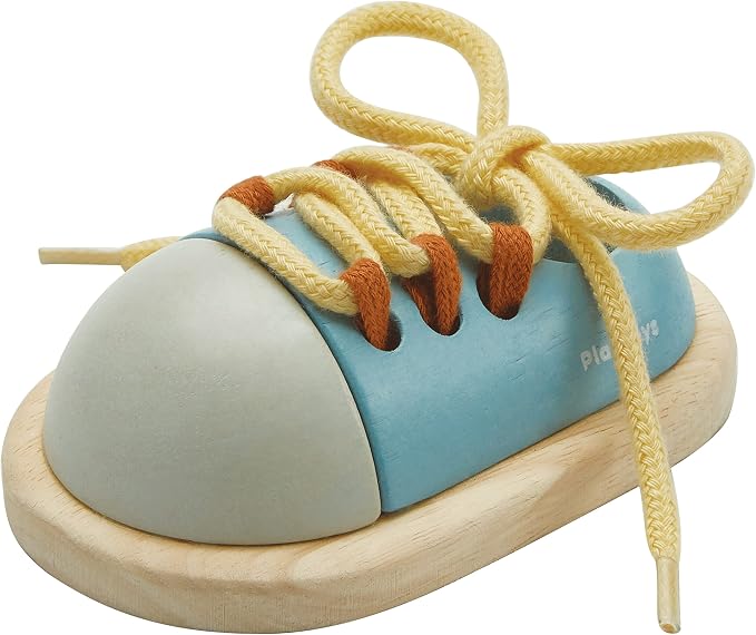 PlanToys® Wooden Shoe Tying Practice Toy for Kids | Montessori Lacing Activity for Toddlers & Preschool | Learn to Tie Shoelaces | Travel-Friendly Educational Toy