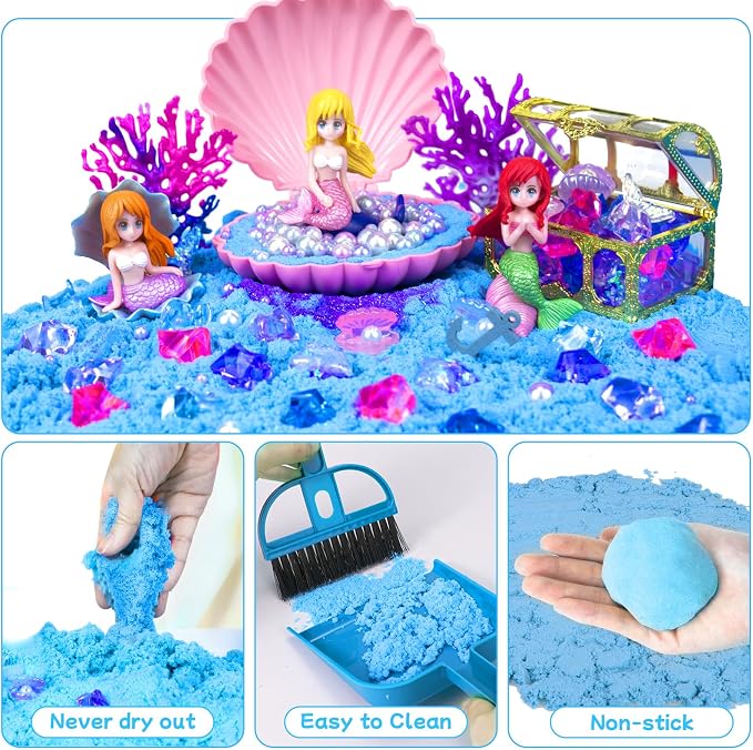 Mermaid Sensory Bin, Sandbox Play Sand Art Kit for Girls Boys 3 4 5 6 7 8 | Sensory Bin with Sandbox & Accessories & Tools & Colorful Sea Shell Gems Toys Set, Indoor Outdoor Pretend Play Beach Toy