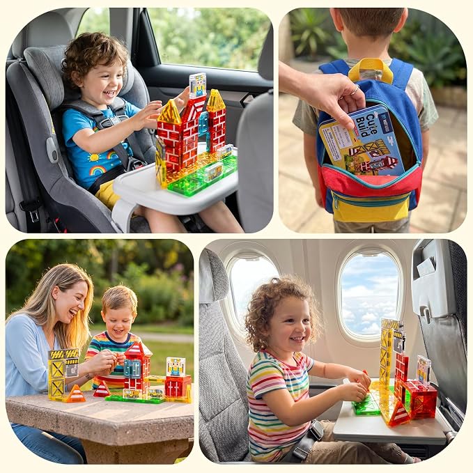 42PCS Mini Magnetic Tiles Toddler Travel Toys for Boys 3-5 Year Old Gifts | Construction Theme, Portable Metal Case, Kids Travel Essentials for Airplane, Car & Road Trip, STEM Preschool Learning Toys