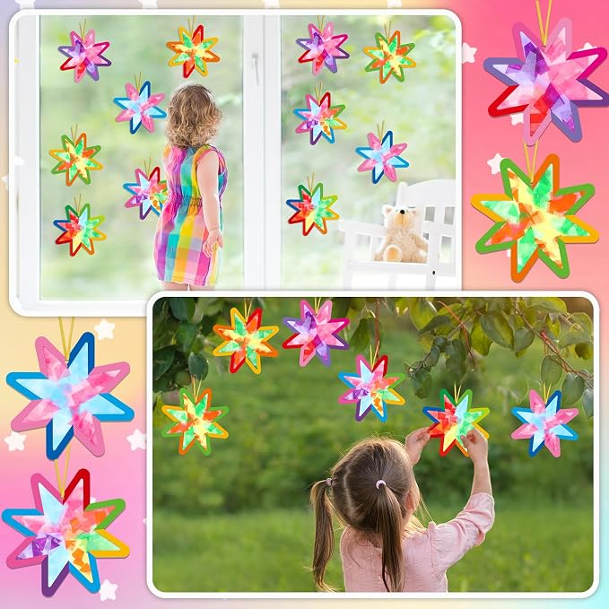 Qyeahkj 36 Set Summer Star Suncatchers Crafts for DIY Star Window Tissue Paper Craft Kit Art Ornament Hanging Decor for Home Activity Art Project Birthday Party Favors Gifts