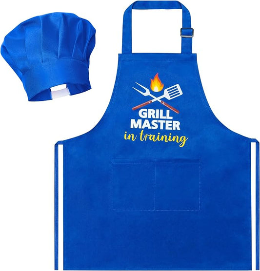 R HORSE 2 Pieces Kid Apron and Chef Hat Set, Children Role Play Chef Toy | Dark Blue Adjustable Kitchen Apron for Kid Boy, Ideal for Cooking, Baking, Painting, Training, Cooking Birthday Gift