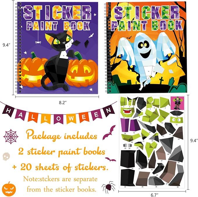 TBEEJ 2PCS Halloween Crafts for Kids Ages 4-8 Sticker Paint Books Includes Pumpkin Mummy Witch Monster and More Designs Gift Party Create 20 Pictures?Sticker Sheets are Separate?