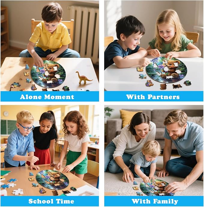 Animal Wooden Puzzles for Kids - Bear with Blooms | 50 Piece Puzzles for Kids Ages 6-8, Kids Puzzles with Unique Animal Shapes, Round Gift for Girls and Boys (11.4 * 11.4 in)