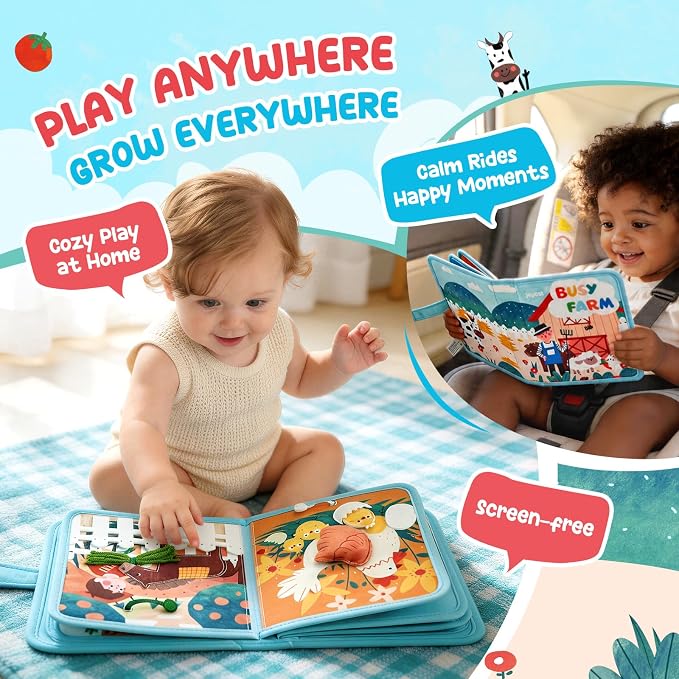 JoyCat Farm Busy Book for Toddlers 1-3, 21-in-1 Montessori Travel Quiet Toy | 21-in-1 farm busy book with Montessori activities supports fine motor skills, life skills and quiet travel play