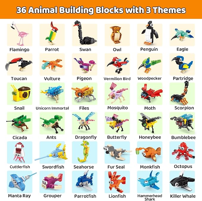 Mini Building Blocks Sets Party Favors for Kids 4-8, 36 Packs | Small Animal Building Block Sets, Treasure Box Prizes, Pinata Stuffers for Kids, Prize Kids Classroom, Goodie Bag Stuffers