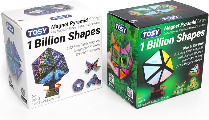 TOSY Magnet Pyramid - 1 Fidget Cube Transforms into 1 Billion Shapes, 243 Rare Earth Magnets, Glowing, Holographic Design, Spinner Accessory, Gift for Christmas Birthday (Set of 1 Stone 1 Glow)