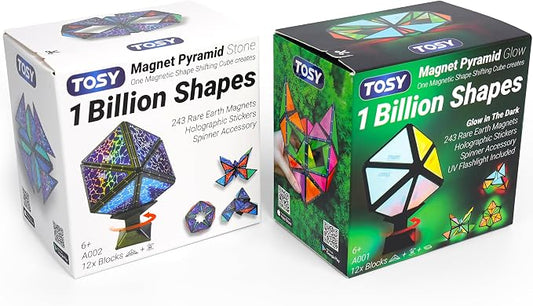 TOSY Magnet Pyramid - 1 Fidget Cube Transforms into 1 Billion Shapes, 243 Rare Earth Magnets, Glowing, Holographic Design, Spinner Accessory, Gift for Christmas Birthday (Set of 1 Stone 1 Glow)