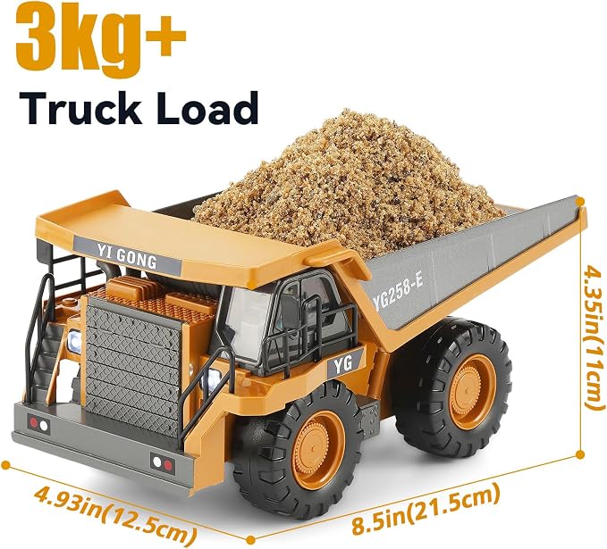 KIZJORYA Remote Control Dump Truck, RC Construction Vehicle for Kids with 9 Channel Metal Bed Light Sound & Rechargeable Battery, Electric Transport Garbage Truck Toy for Toddlers Boys Girls Age 6+