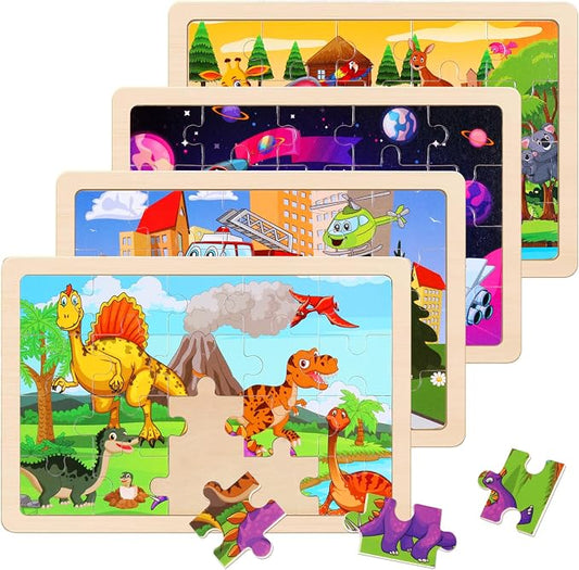 Wooden Puzzles Toys for Kids Ages 3-5, Set of 4 Packs Dinosaur, Space, Transportation Wood Puzzles, Preschool Brain Teaser Toys for Boys and Girls 3 4 5 6 Years Old