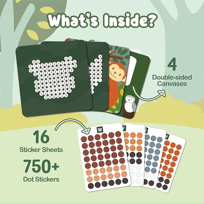 BINCA Dotties Dot Art Activity Kit, 750+ Stickers, Forest Animals Mess-Free Activities, DIY Dot Sticker Art, Kids Travel Activities, Gifts for Boys & Girls Ages 4,5,6,7
