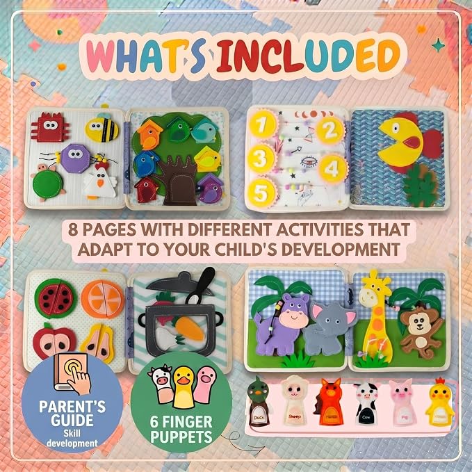 LUMS Busy Book for Toddlers 1-3 - Montessori Busy Board, Toddler Activity Book Ages 2-4, Felt Quiet Sensory Learning Travel Toy for 1 Year Old, Car & Airplane Rides