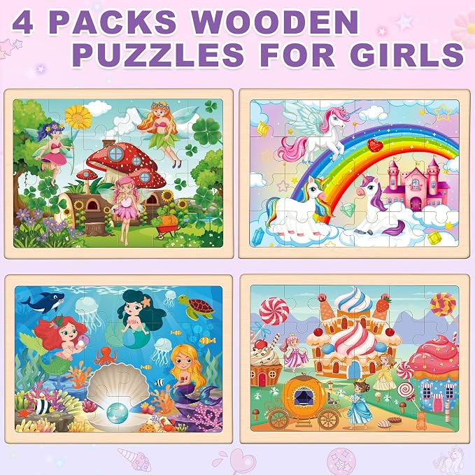 4-Pack Wooden Puzzles for Kids Ages 3-5, 24-Piece Princess Jigsaw Set | Toddler Puzzles Ages 3-5, Preschool Puzzles with Wooden Jigsaw Boards for Fine Motor Skills, Shape Recognition and Travel
