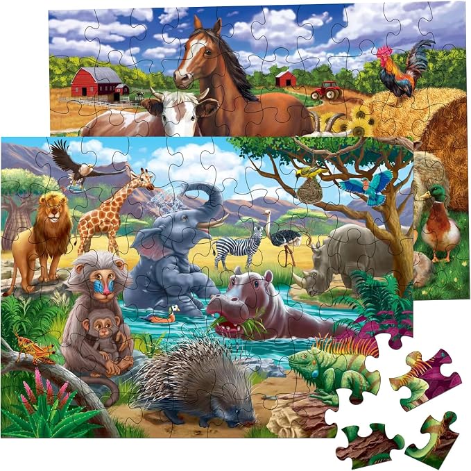 RANSUNN Puzzles for Kids Ages 4-6 - Farm & Wild Animal | 2 Packs 60 Piece Puzzles for Kids Ages 3-5 6-8,Toddler Children Learning Educational Jigsaw Puzzles Toys for Boys and Girls
