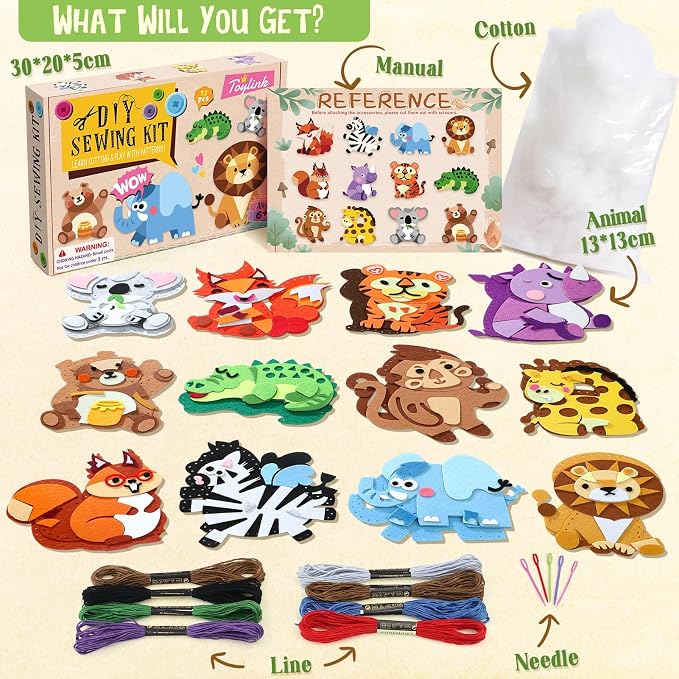 Wild Animal Sewing Kit for Kids Beginners, 12-in-1 Sew Your Own Felt Animals Craft Kit for Kids Girls Boys 6-8, 8-12, Fun and Educational Girls Birthday Gift Ideas