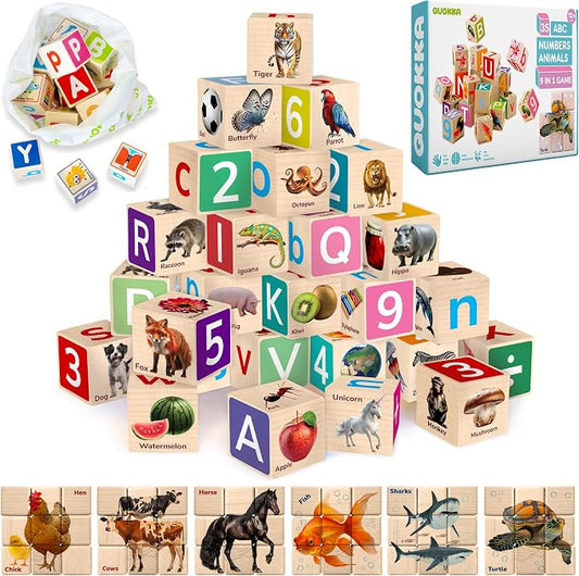 QUOKKA Montessori Wooden Blocks for Toddlers 1-3 - 35 Realistic ABC Learning Baby Blocks for Kids 3-5 Year Olds - Stacking Alphabet Wood Toys for 2-4 yo - Learn Letters Numbers