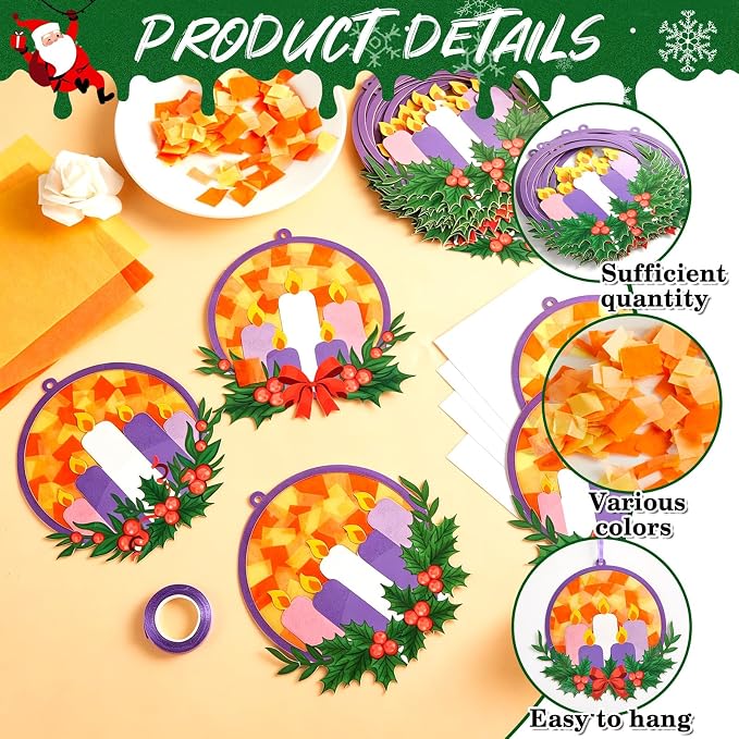 Qyeahkj 36 Set Christmas Advent Wreath Suncatchers Crafts for DIY Advent Candle Tissue Paper Craft Kit Hanging Decor for Xmas Holiday Home Activity Art Project Birthday Party Favor Gift
