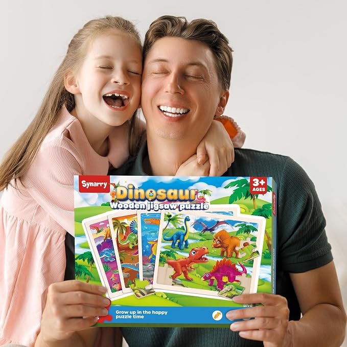 SYNARRY Large Dinosaur Wooden Puzzles for Kids Ages 4-6, 4-in-1 Gift Set | Dinosaur Puzzles for Toddlers & Kids Ages 3-5, Birthday Gifts for Boys & Girls, Educational Dinosaur Toys, Screen-Free Play