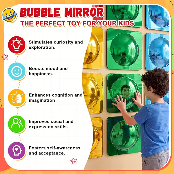 Geiserailie 15 Pcs Sensory Wall Bubble Mirrors, 10 x 10 Inch, CPC Certified | Colorful Acrylic Convex Mirrors, Sensory Room must haves, Classroom Learning Tool, Calming Corner, Preschool Daycare Activity