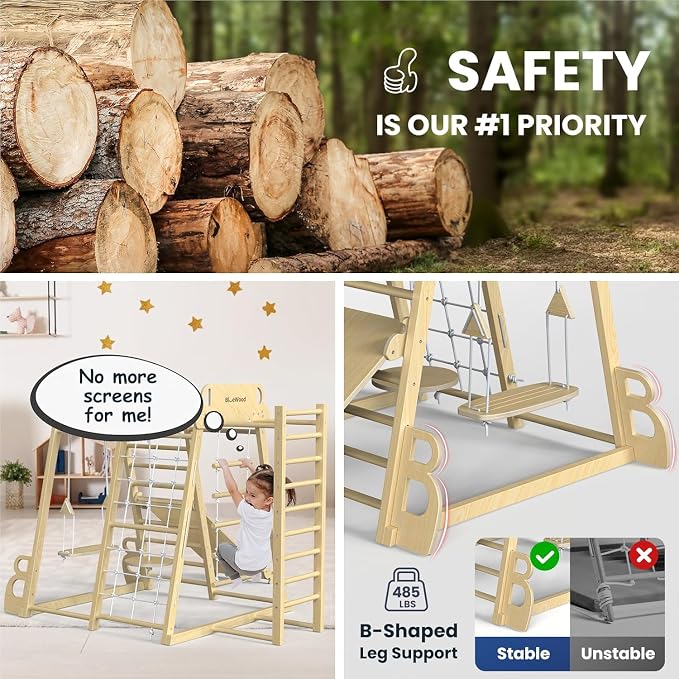 Upgraded Indoor Jungle Gym 9-in-1 Playground Kids Climbing Toys | Waldorf Style Wooden Climber Playset with Slide, Swing, Monkey Bars, Upright/Rope Ladder, Climb Net, Natural Wood Color