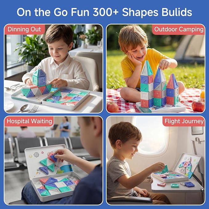 Magnetic Tiles Travel Tin Set: Airplane Activities for Kids Ages 4-8 | 40 Pcs Morandi Building Blocks, 90+ Mins Quiet Play, 45s Cleanup, Powerful Magnets, Holds 7 Tiles, Portable for Car Trips