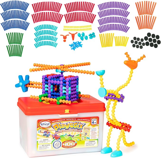 POPULAR PLAYTHINGS Playstix, Super Set 400 Piece, Building Sticks Kit | for Kids Ages 4 and Up, Construction Stem Building Toy Gift, for Boys & Girls, for Kids