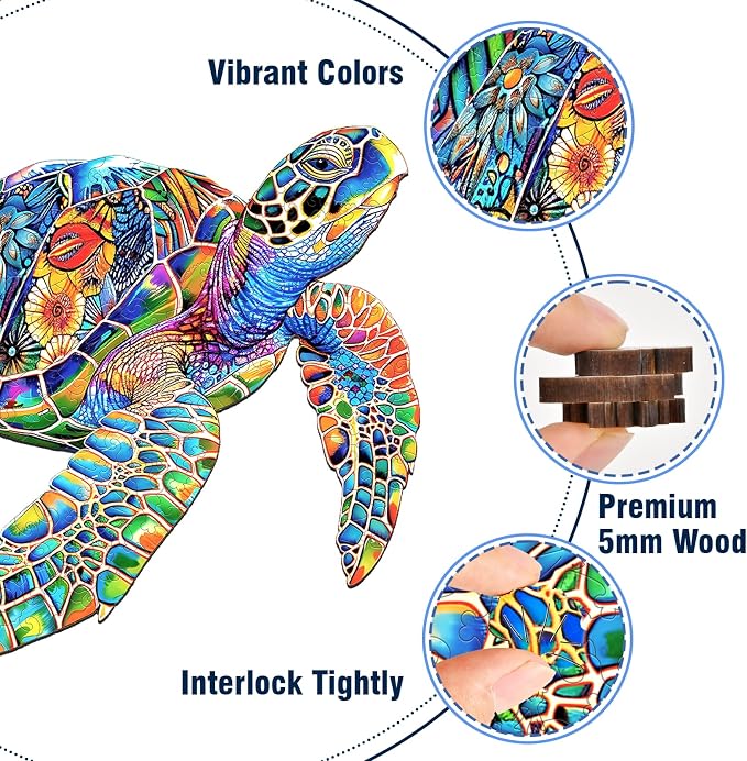 Unique Wooden Jigsaw Puzzles, 200 Pieces Sea Turtle Wood Puzzles for Kids Teens Adults, 11.5" x 11.3" Shaped Pieces, Fun Challenging Family Games for Kids and Teens, Gift Box Included