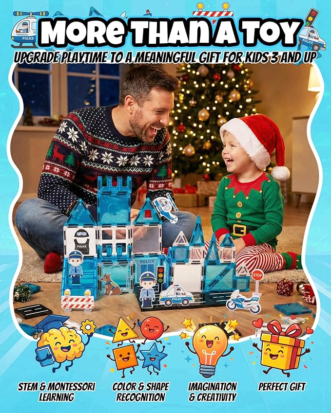Large Magnetic Tiles for Kids, STEM Toys Building Set, Age 3+,42 Piece | Police Magnetic Tiles Building Blocks with City Scene Pieces, Police Officer Elements, Ideal Gift for Boys and Girls