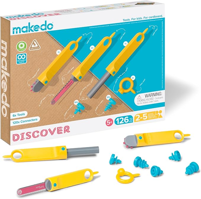 Makedo Discover | 126 Piece Cardboard Construction Toolbox for 1-5 Makers | STEM and STEAM Educational Toys for Kids | At Home Play + Classroom Learning | Reusable Tools for Boys and Girls Age 5+ | STEM + STEAM Educational Toys for Kids | At Home Play ...