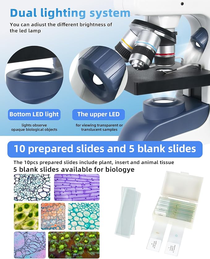 Professional Compound Monocular Microscopes for Adults, Kids 8-12 & Students | 40X-2000X Magnification Lab & Home Microscope with Phone Holder, Complete Slides Set