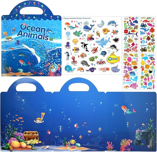 ASTARON Reusable Puffy Sticker Book，88 pcs Ocean Stickers Educational Toy | 88 pcs Reusable Sticker,Waterproof Jelly Stickers, Portable Travel Toys,Educational Sensory Learning Toy,Gift for Boy Girl