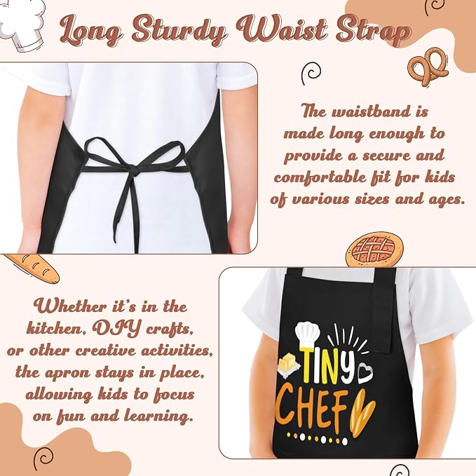 R HORSE 2 Pieces Kid Apron and Chef Hat Set, Dress up Role Play Chef Toy | Black Tiny Chef Adjustable Children Kitchen Apron with Pockets, Ideal for Cooking, Baking, Painting, Cooking Birthday Gift