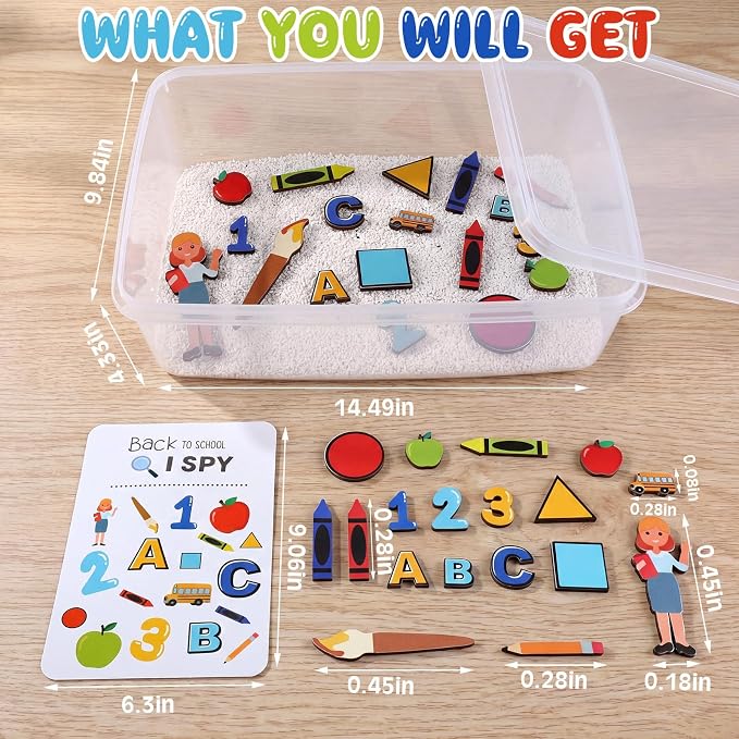 Beeveer 22 Pcs Sensory Bin Fillers for Kids Back to School Sensory Toy Kit Counting Sorting Fine Motor Toys with Simulated Sugar, Bin, Wood Chip and Spoon for Girl Boy Preschool Education Activities