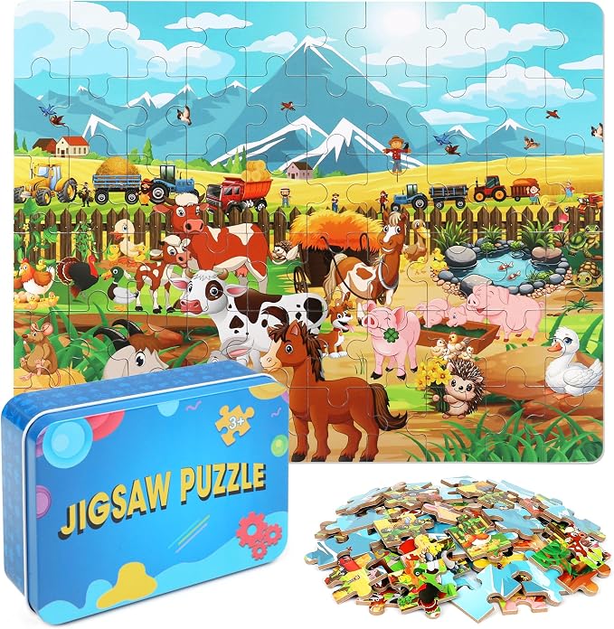 LELEMON Puzzles for Kids Ages 4-8 6-8 8-10 Farm Animals Jigsaw Puzzles Boys Girls Children Learning Educational Puzzles Portable Box Pack Toy 60 Pieces