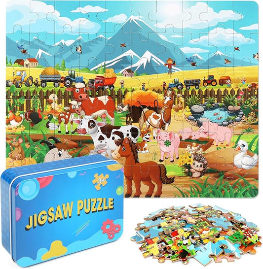 LELEMON Puzzles for Kids Ages 4-8 6-8 8-10 Farm Animals Jigsaw Puzzles Boys Girls Children Learning Educational Puzzles Portable Box Pack Toy 60 Pieces