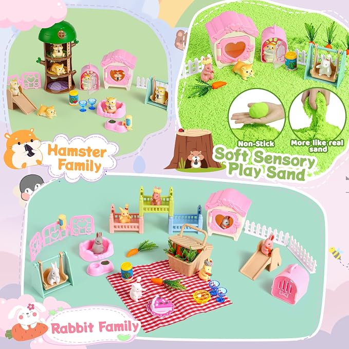 KNASON Rabbit and Hamster Sensory Bin, Play Sand Kit for Girls and Boys | 2.2lbs Sensory Play Sand, Sandbox with Lid, Rabbit and Hamster Figures, Tree House, Role Pretend Play Toy Gift for Kids