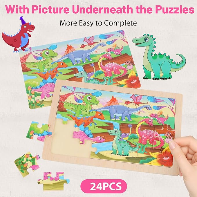 Puzzles for Kids Ages 4-6, 4-Pack 24-Piece Wooden Kids Puzzles | Animal, Dinosaur, Ocean & Farm Themes | Educational Puzzles for Kids Ages 3-5, Age-Appropriate Learning Toys, Ages 3+
