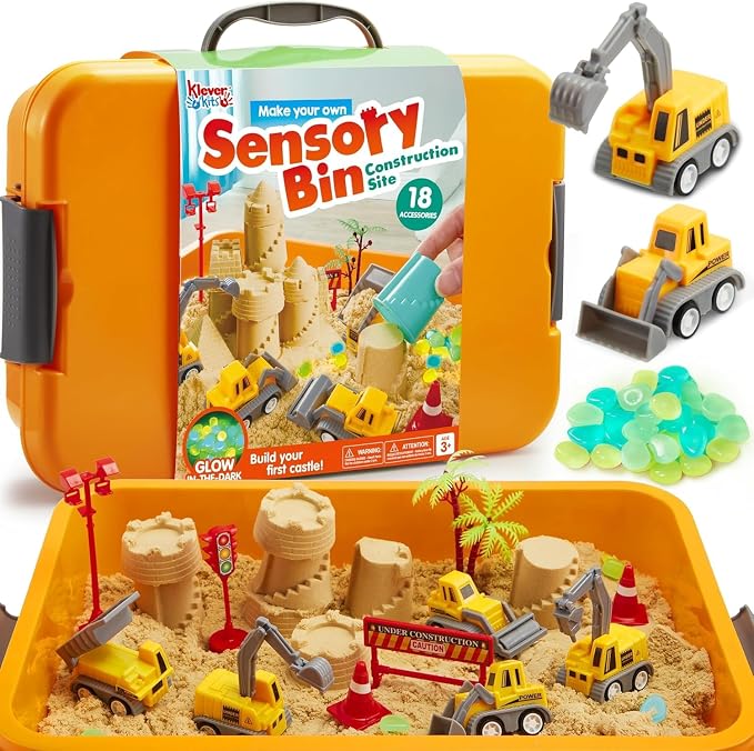 JOVA Klever Kits Construction Sensory Bin for Kids with Glow in The Dark Stones, Sandbox with Lid Castle Building kit, Preschool Learning Activities Gifts for Boys Girls Age 3+