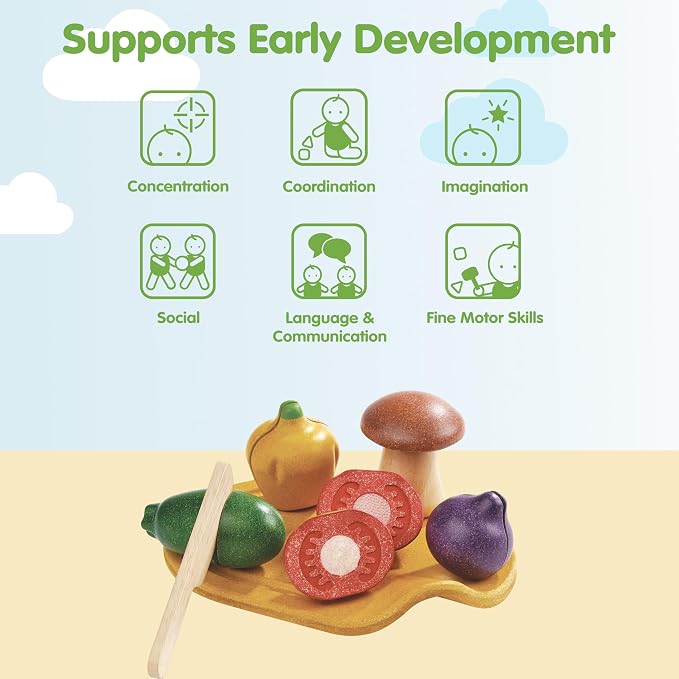 PlanToys® Wooden Assorted Vegetable Set Montessori Play Food for Toddlers | tomato, mushroom, shallot, pepper, cucumber, fruits and vegetables toys, girls, boys, fine motor role play social gift set