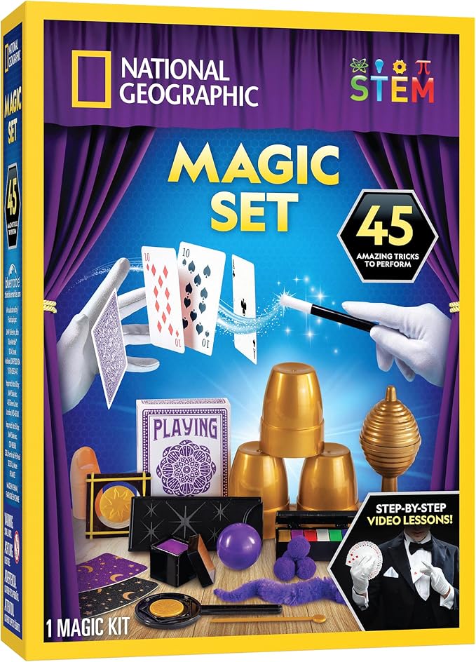 National Geographic Kids Magic Kit with 45 Tricks for Kids Ages 8-12 | Perform Classic Illusions, Performance Props, STEM Learning, Video Instructions from a Professional Magician, Birthday Gift