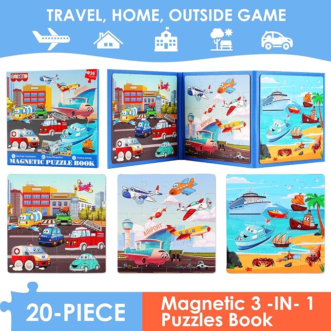 Magnetic Puzzles for Kids Ages 4-6, 20-Piece Preschooler Travel Toys Transportation Puzzles Ages 3-5, Educational Learning Magnets, Ideal Road Trip Activities Toys for 3 4 5 6 Boys and Girls