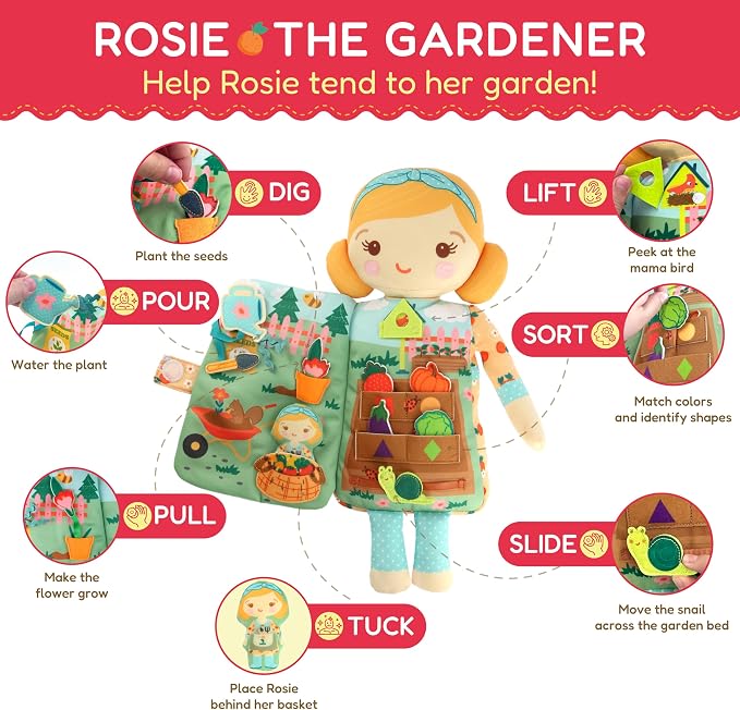 Rosie the Gardener– 2-in-1 Soft Activity Doll & Busy Book | Screen-Free Travel Plush Toy with Tethered Pieces for Toddlers and Preschoolers ages 1–4 by Aleni Brands