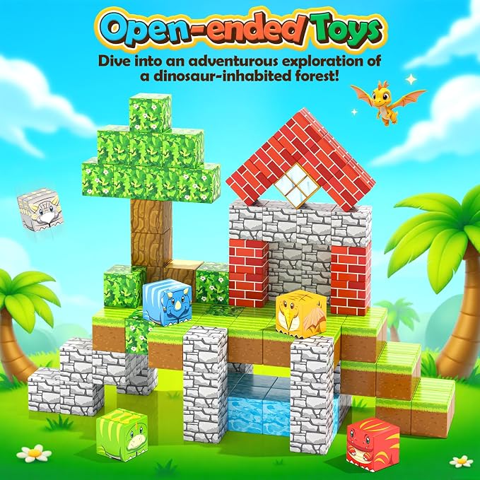 100PCS 1“ Magnetic Blocks - Build Mine Magnet World Forest Dinosaur Edition | Sensory STEM Building Toys for Kids Toddlers, Educational Construction Classroom Set, Birthday Gift for Boys Girls Ages 3-12