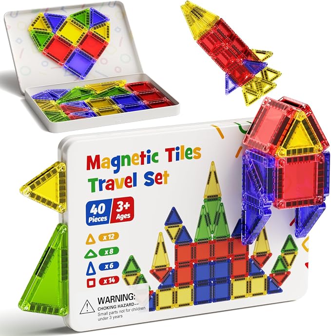 Mini Magnetic Tiles Travel Toys: Airplane Activities for Kids 3-8 | 40pcs Metal Box Play Base & Visual Storage Guide - Road Trip Essentials for Toddlers Quiet Games Portable Sets Must Haves