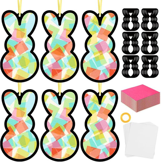 Qyeahkj 36 Set Easter Bunny Suncatchers Crafts for Kids DIY Colorful Rabbits Window Tissue Paper Craft Kit Hanging Decor for Easter Classroom Home Activity Art Project Birthday Party Favor