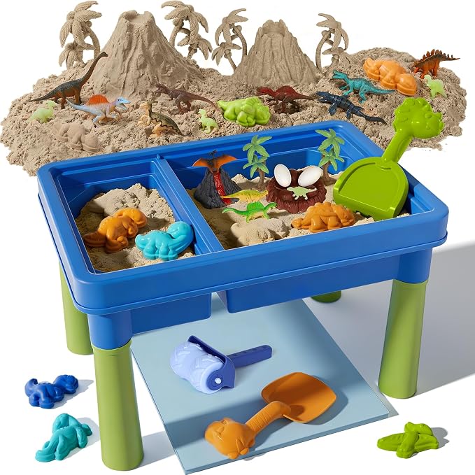 Lehoo Castle Sensory Table with Sand, Sand Table with Lid & 16 Dinosaurs | Sensory Bin with Adjustable Legs, 2.6Lbs Play Sand, Indoor Outdoor Play Sensory Toys, Beach Toy, Birthday Gift for Boys Girls