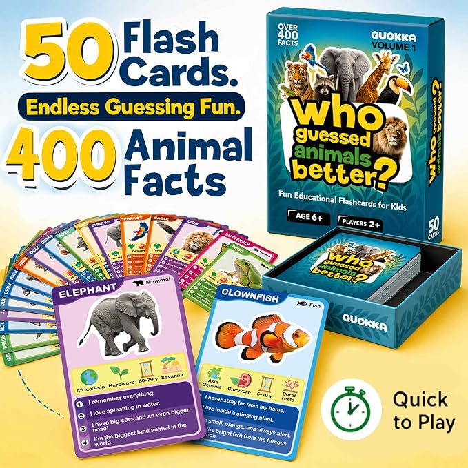 Quokka Who Guess It Better Animals Volume 1 – Educational Game with Visual Clues, Animal Discovery Card Set, 50 Cards, Screen-Free Travel Game for Kids Ages 6+