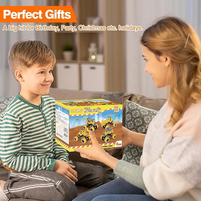 LUDILO Take Apart Construction Toys for 4 Year Old Boys Gifts Toys Age 4-6 | 4PCS Excavator Toy with Electric Drill/Kids Toy Boys 3-5/Building Learning Stem Toys for 3 4 5 6 7 Year Old Boy Birthday Gift