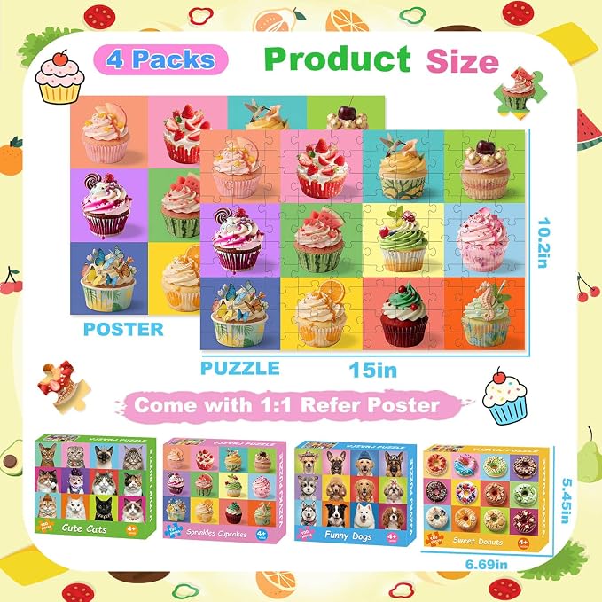 Puzzles for Kids Ages 4-6 6-8 8-10 Year Old, 4 Packs 100 Piece Dogs Cats Cupcakes Donuts Educational Jigsaw Puzzles, Learning Educational Kid Jigsaw Puzzles Gifts for Girls and Boys