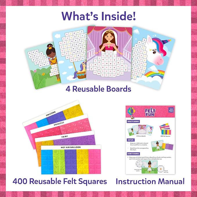 Skillmatics Felt Fun – Unicorns & Princesses, 3D Mosaic Art & Craft Kits | Reusable Color Matching Activity, Mess-Free, Travel Toy, Arts & Crafts, Fine Motor Skills, Girls & Boys Ages 3, 4, 5, 6, 7, 8